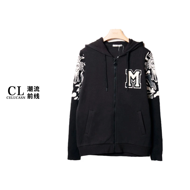 HASFZ130#冬季时尚减龄提花刺绣字母图案休闲连帽上衣外套女