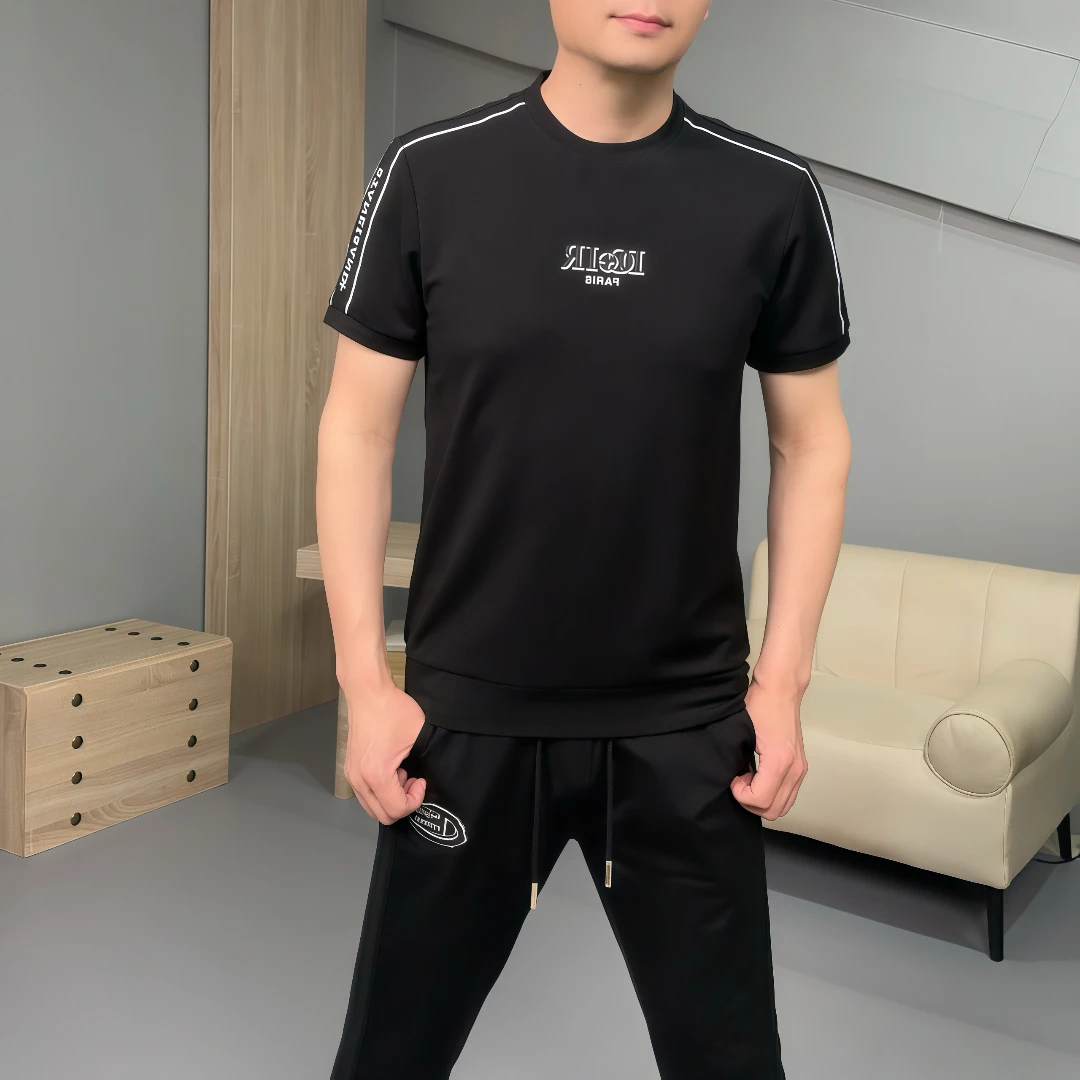 商务轻奢夏季简约印花休闲男士半袖透气潮流短袖圆领圆领潮上衣