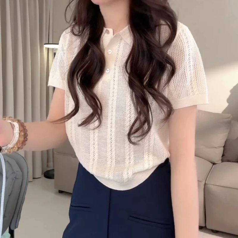 春季气质POLO领短袖镂空休闲百搭针织上衣LK2502001