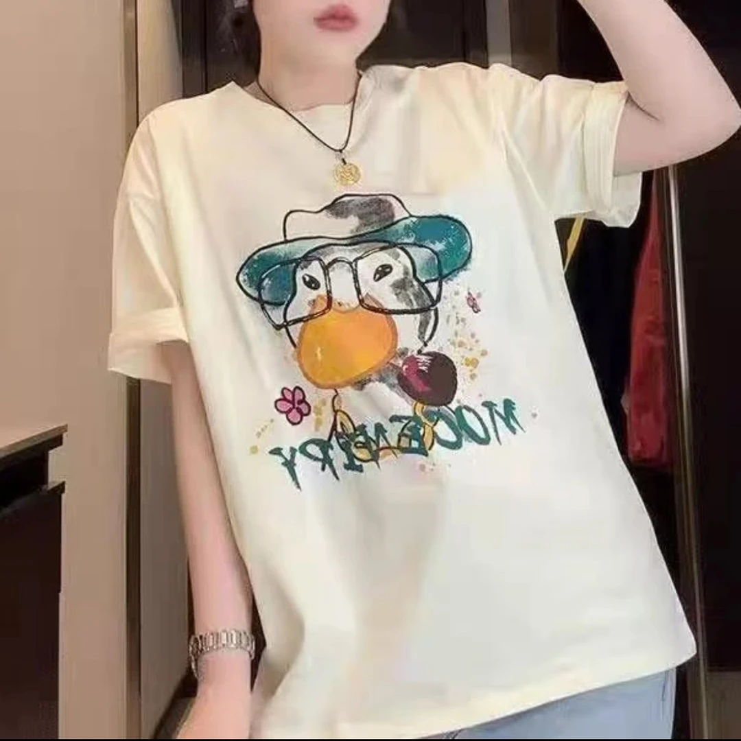 春夏季新款大码女装半袖短袖显瘦T恤宽松上衣百搭卡通正肩内搭