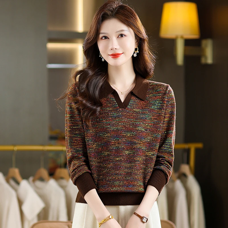 新款春秋翻领女装长袖洋气宽松显瘦百搭针织衫彩纱外穿打底上衣