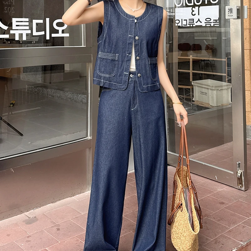 拉夏贝尔蓝色牛仔套装女2025夏季款港风复古时尚休闲无袖马甲长裤