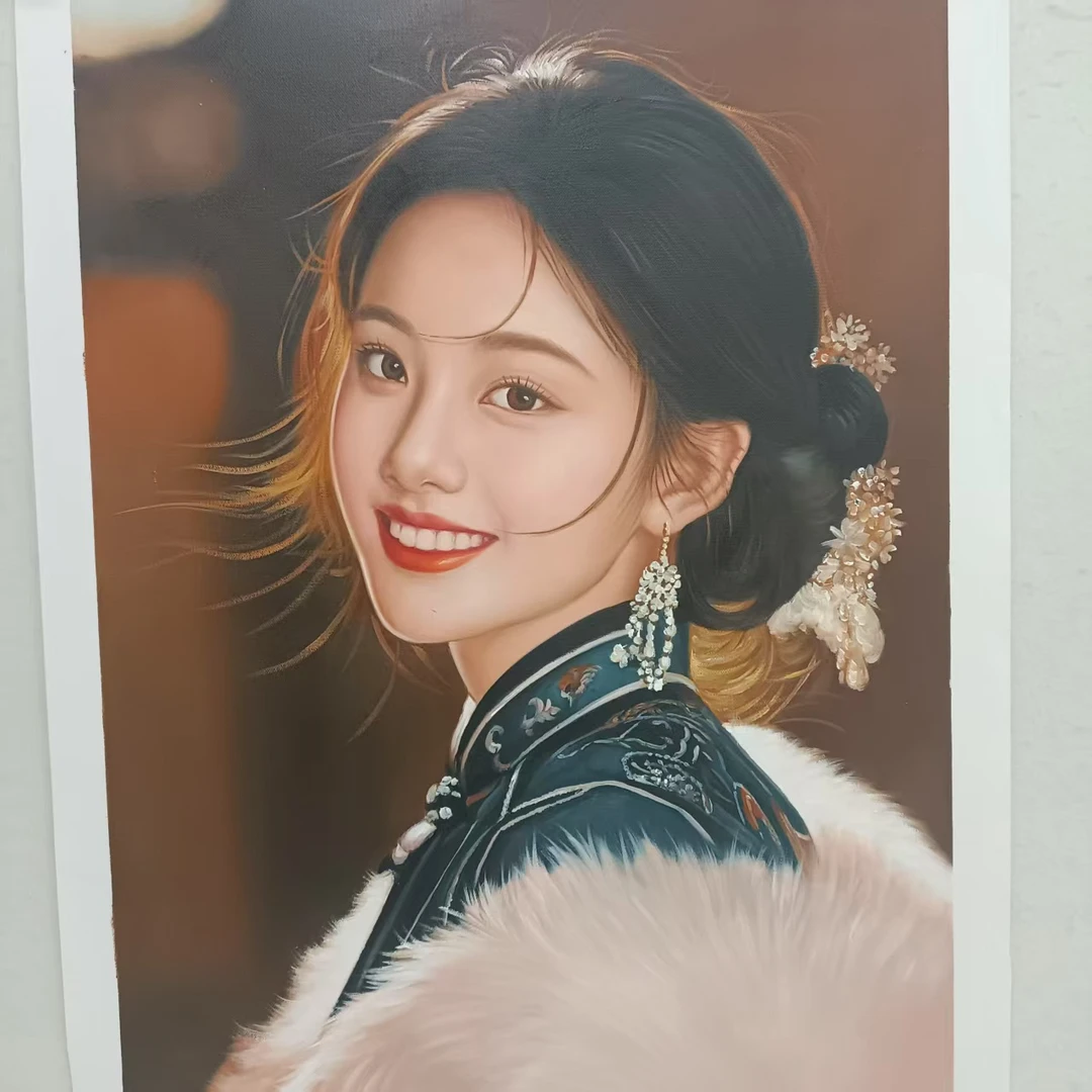 林彦新-***中国新娘 -旗袍-毛披 -约60*90厘米-手绘油画-麻布