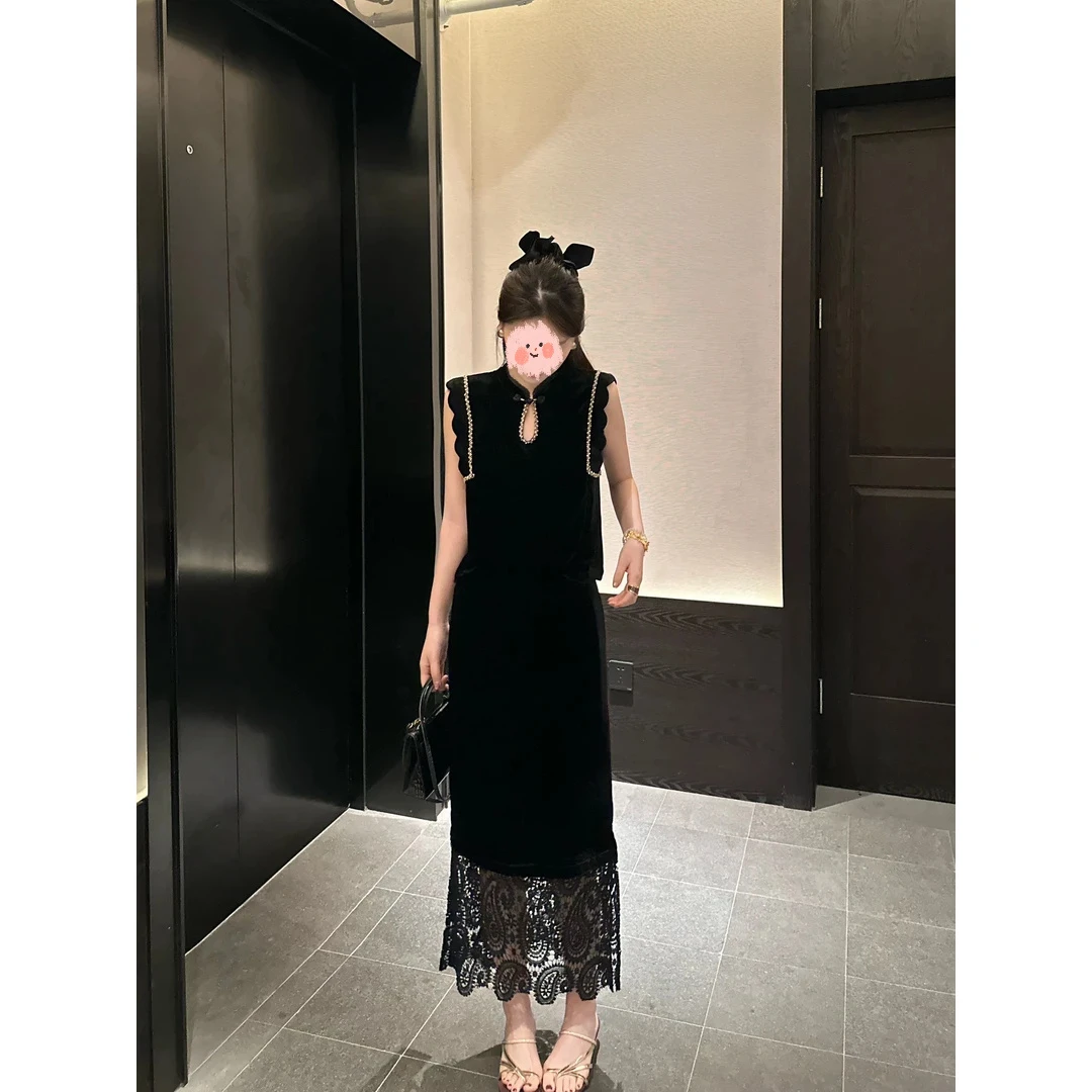 T113018F国风无袖气质上衣+蕾丝直筒显瘦半身裙时尚套装