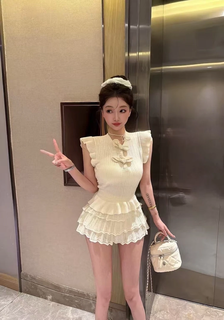 2025夏季新款韩版减龄蝴蝶结小飞袖针织背心高腰蛋糕裙短裙套装女