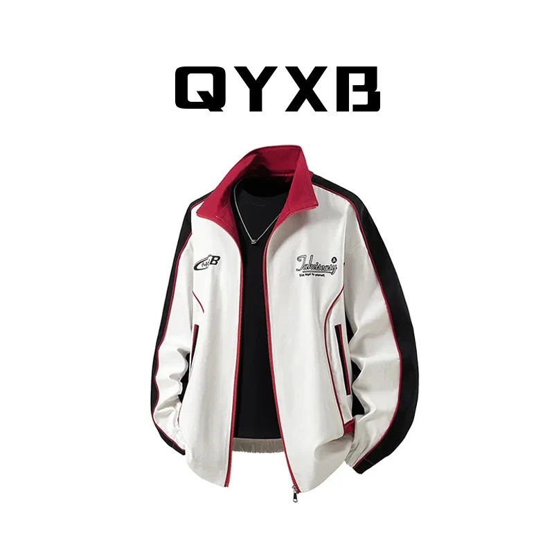 【品牌现货】QYXB撞色拼接飞行夹克男秋季潮牌美式绣花纯棉外套衣服