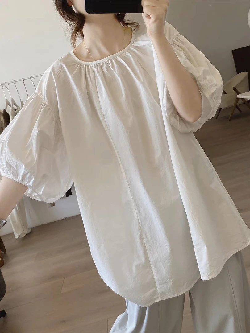 灯笼袖衬衫女夏季新款宽松大码显瘦简约小众设计感棉质中长款上衣