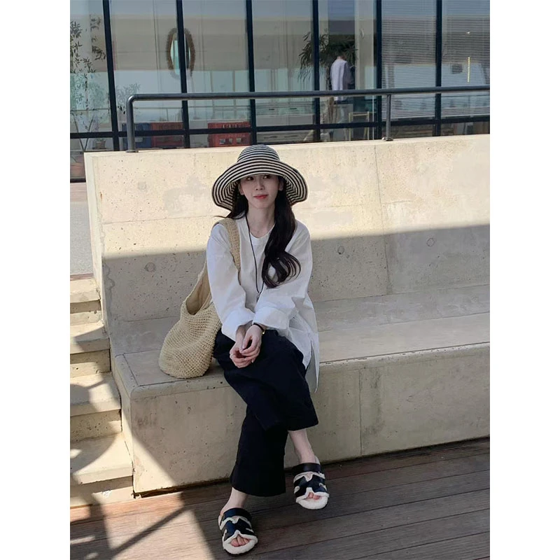 2025夏季新款极简风宽松圆领长袖衬衫上衣高腰显瘦百搭直筒阔腿裤