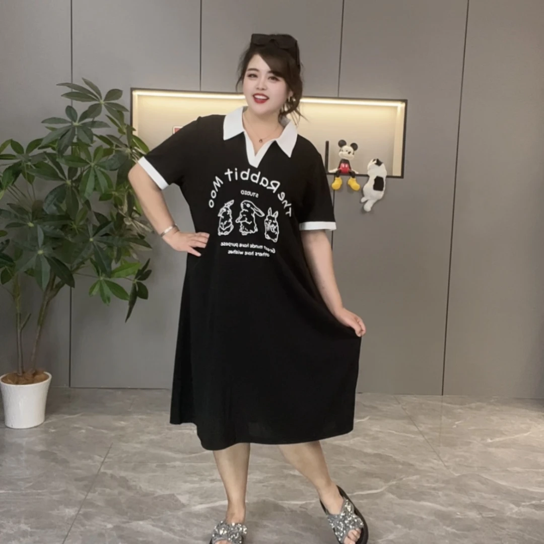 2025年夏款polo领兔子印花字母减龄2909弹力性宽松大码显瘦长裙