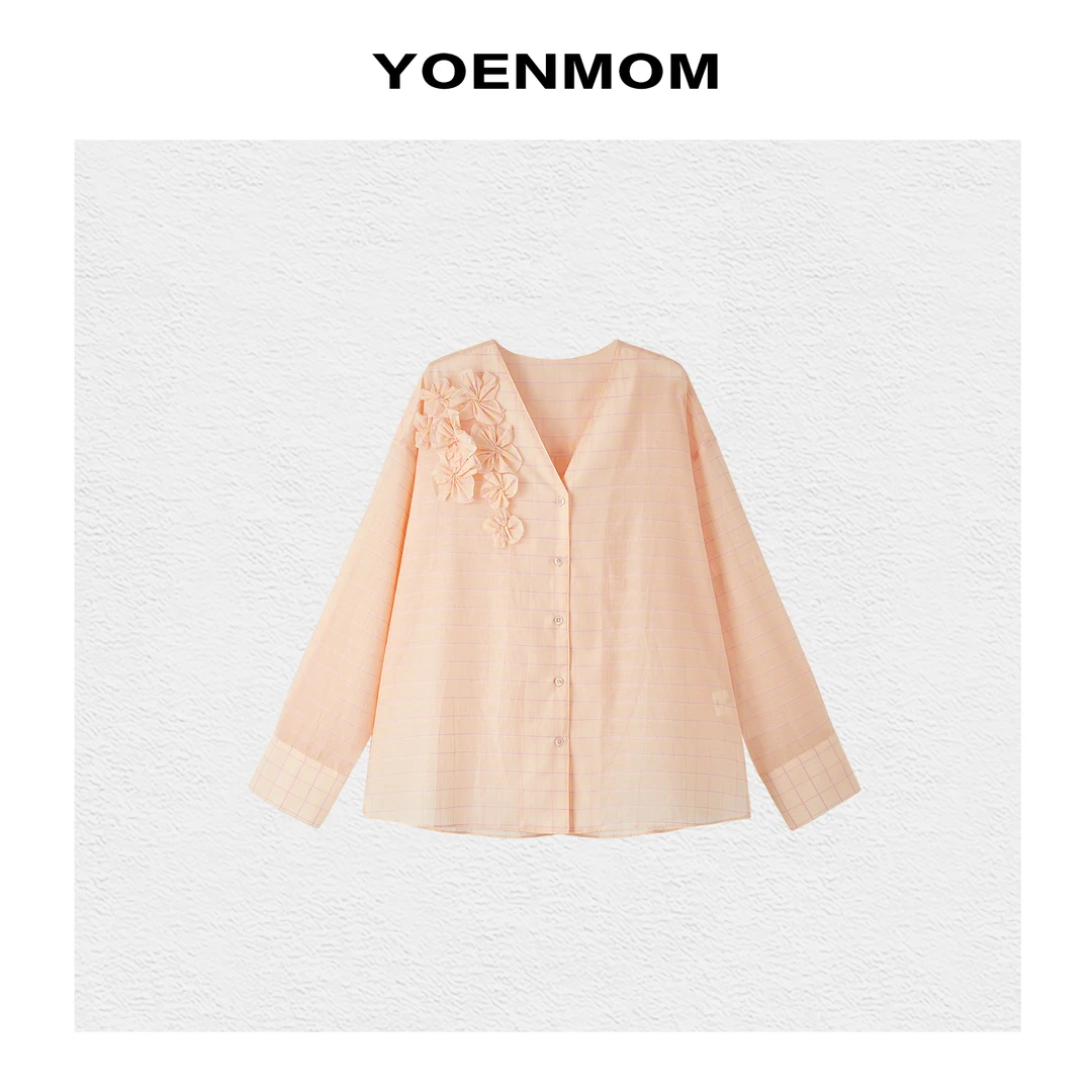 YOENMOM·落樱花·夏季新品 进口色织桑蚕丝棉立体手工绣花V领衬衫
