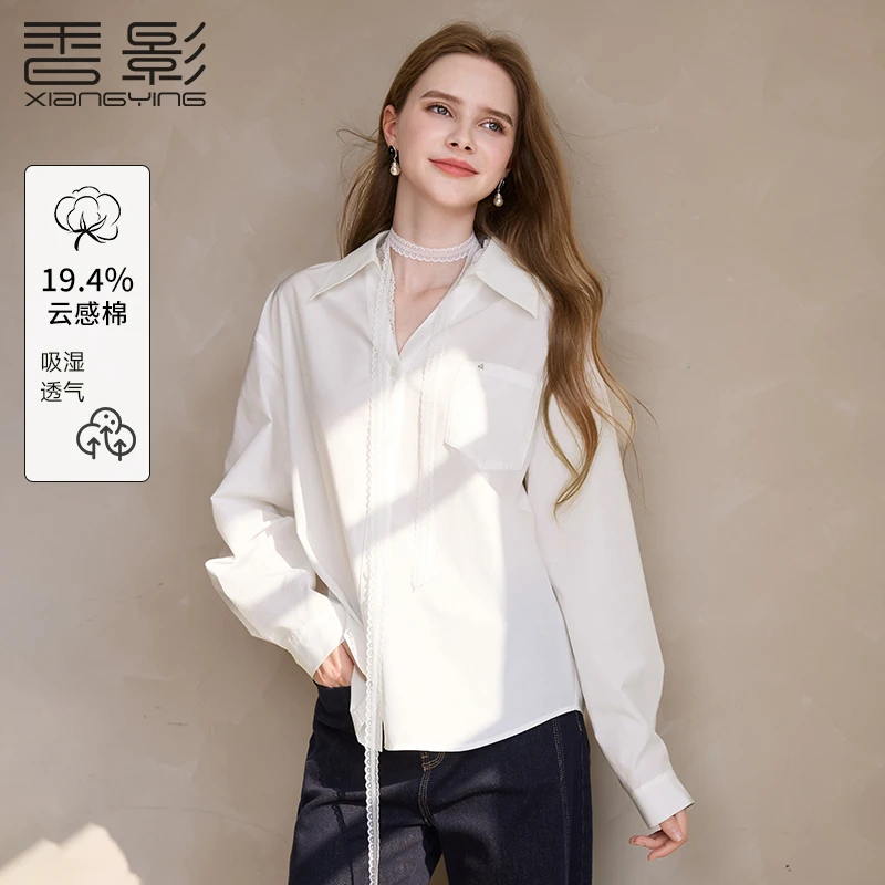 C851203衬衫 香影v字蕾丝翻领衬衫女25春季新款落肩上衣长袖衬衣