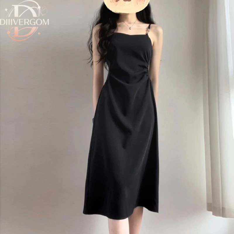 黑色吊带连衣裙子女夏季2025年新款高级感赫本风气质收腰显瘦长裙