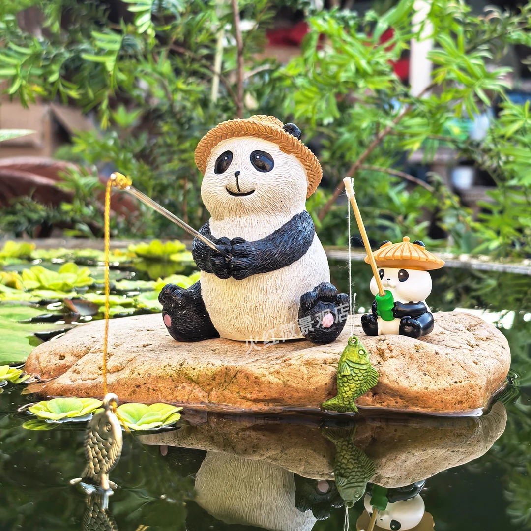 可爱熊猫钓鱼摆件假山流水户外庭院鱼池水族古法鱼缸边造景装饰品