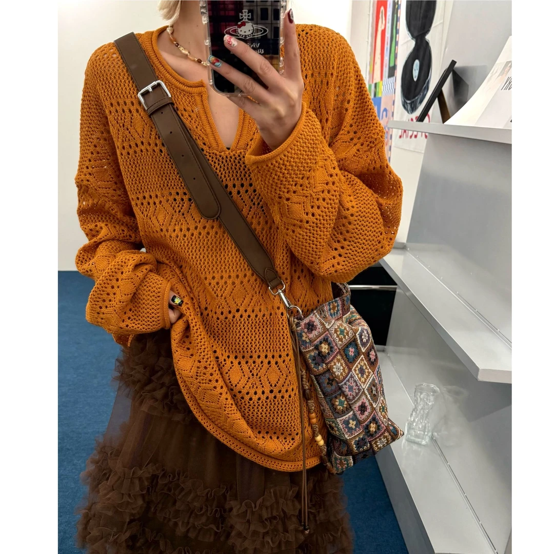 HELLOTANGO《秋日胶卷》秋冬复古编织镂空小v领显瘦套头毛衣8323#