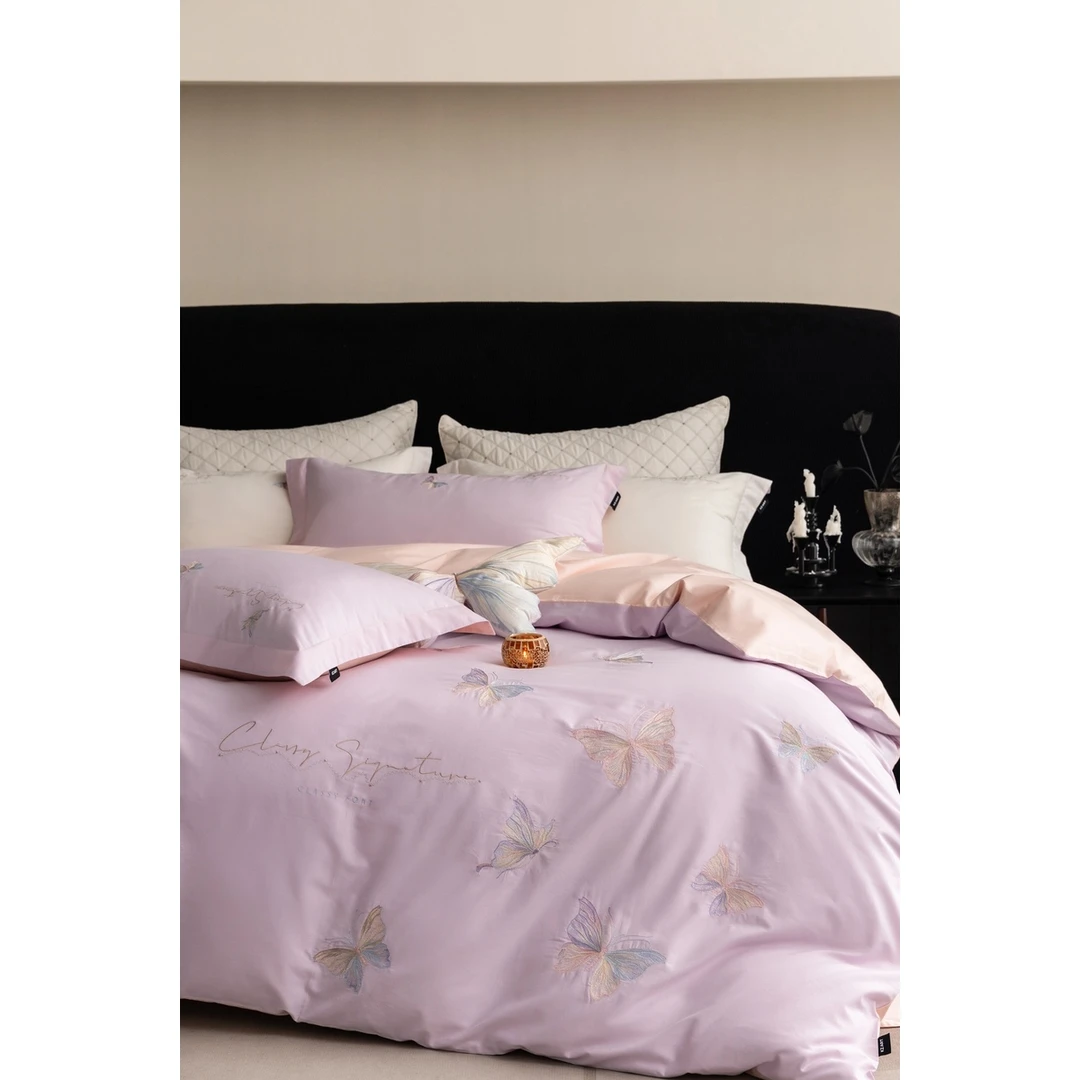 【晴美】轻奢优雅刺绣全棉四件套-蝴蝶飘逸系列-紫