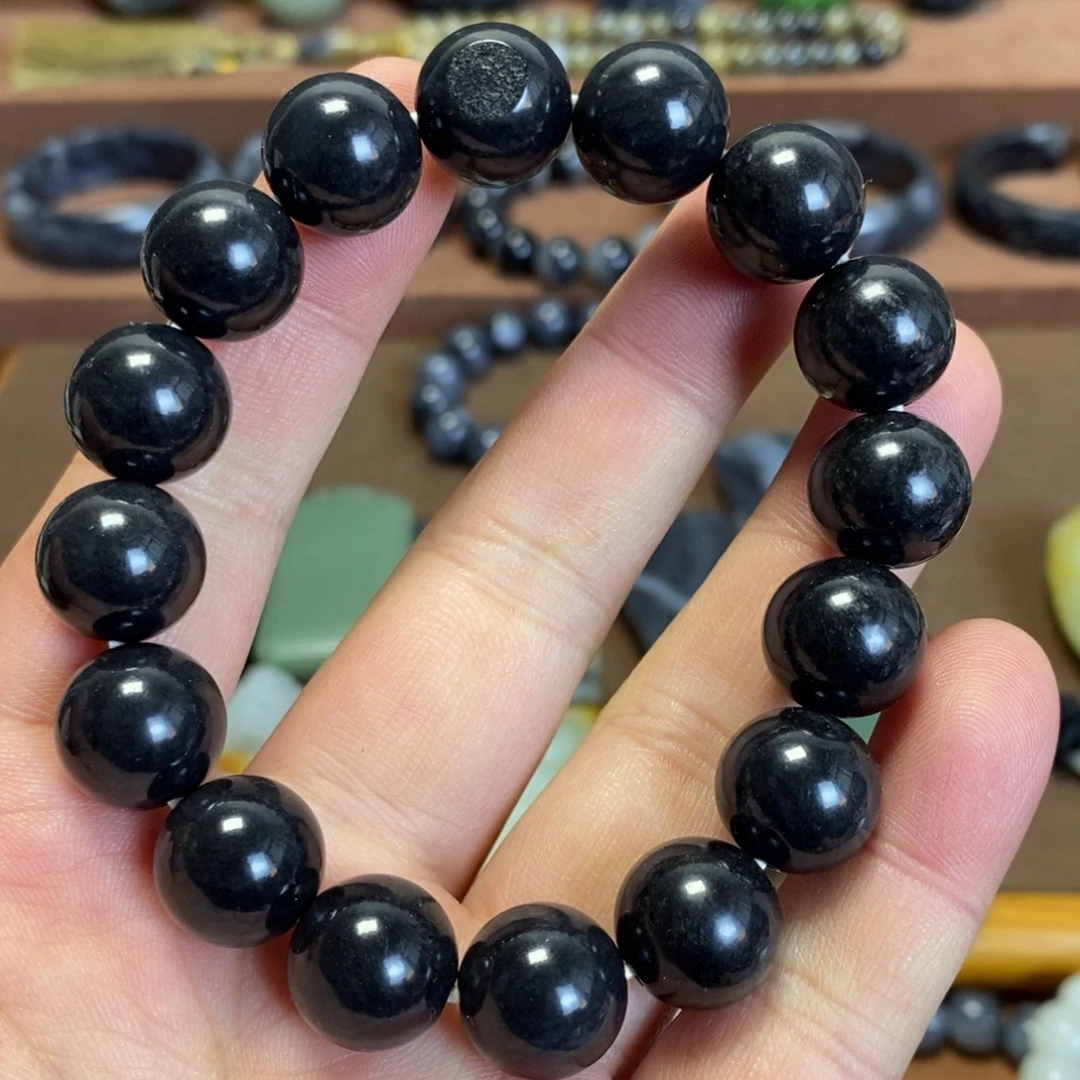 和田玉未镶嵌手串新疆和田玉青花聚墨墨玉14圆珠手串