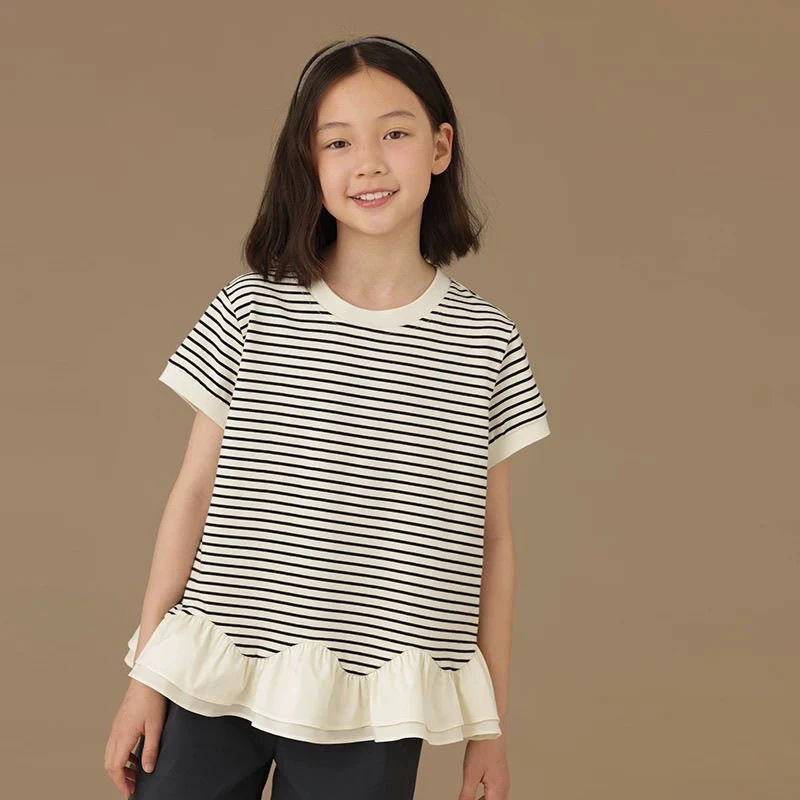 女童装儿童夏装圆领条纹T恤休闲宽松短袖上衣女童夏季薄款百搭