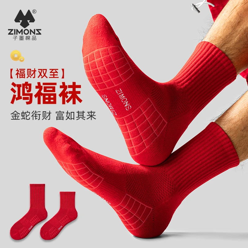 子墨棉品本命年蛇年男袜春夏加厚方块毛巾底新年红色中筒7A抑菌