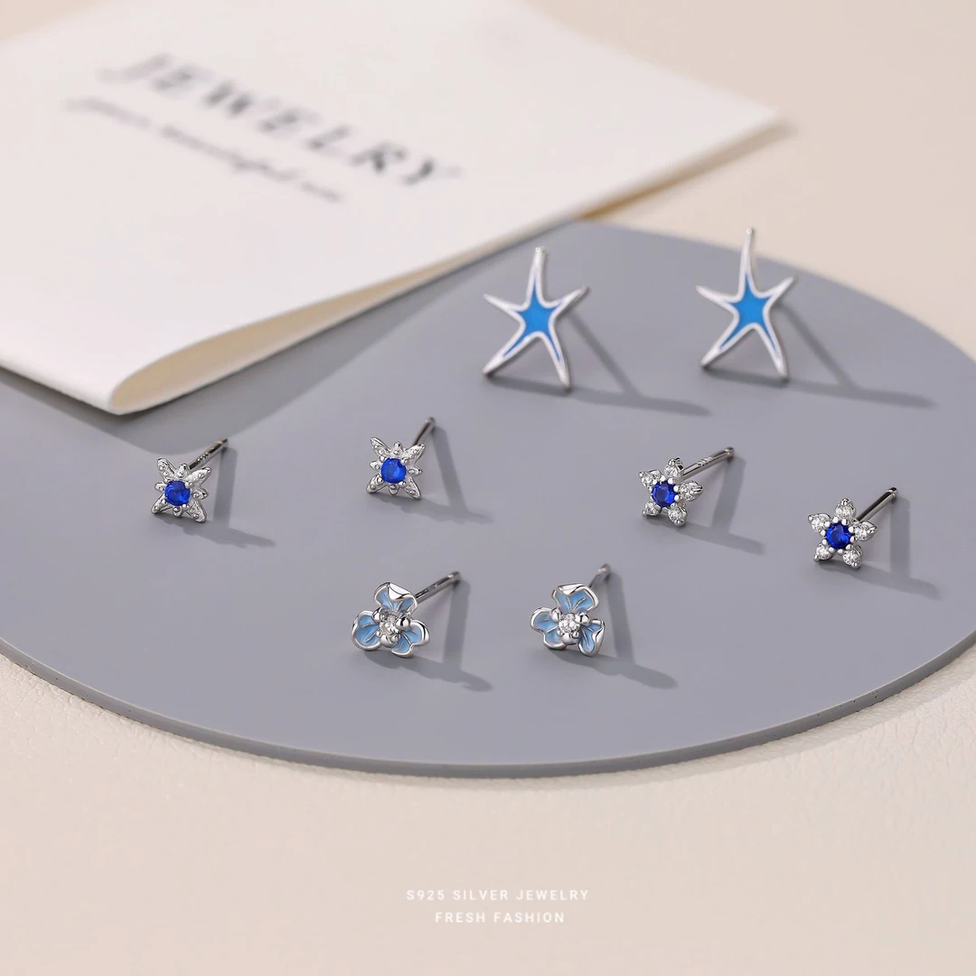 足银耳饰 999足银蓝色耳钉韩版气质植物花卉免摘养耳洞女简约轻奢