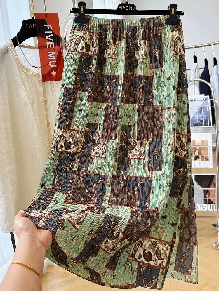 1031复古花色松紧腰半身裙