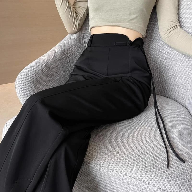 黑色阔腿裤女夏季2025新款高腰垂感休闲高级感直筒宽松开叉西装裤
