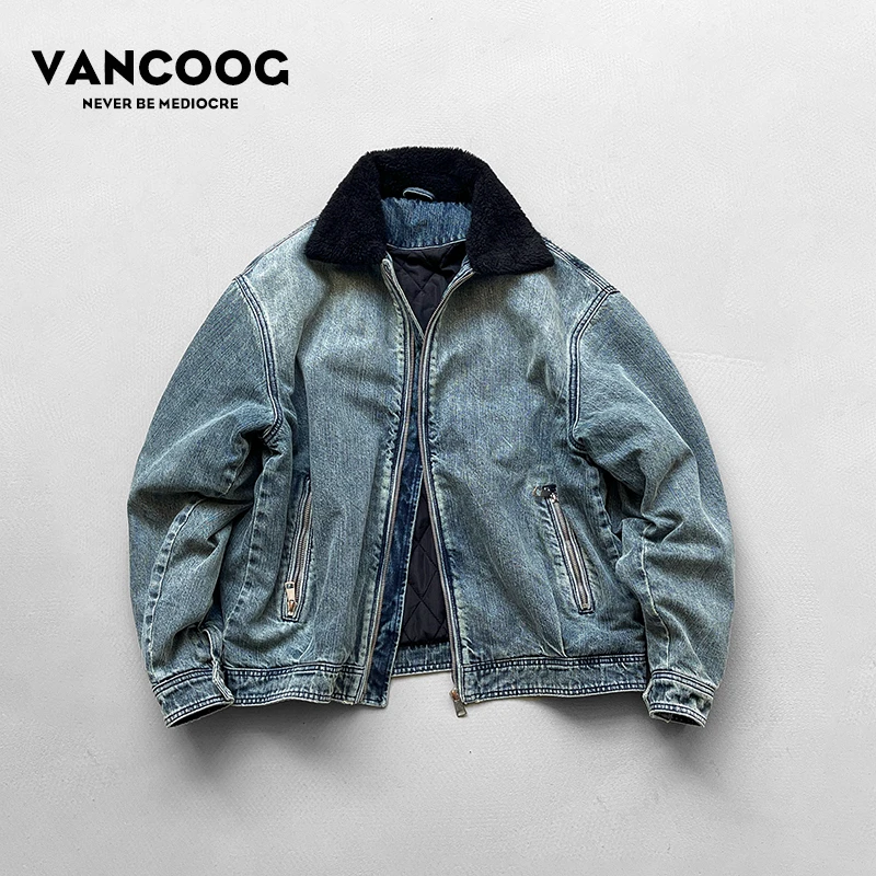 凡购冬季美式潮牌做旧短款翻领夹克保暖毛领宽松加绒牛仔外套男