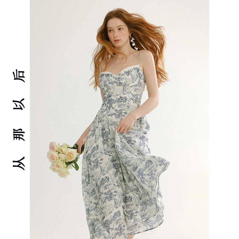 SINCE THEN蓝调告白诗法式吊带长裙海边度假裙子蓝色礼服连衣裙春
