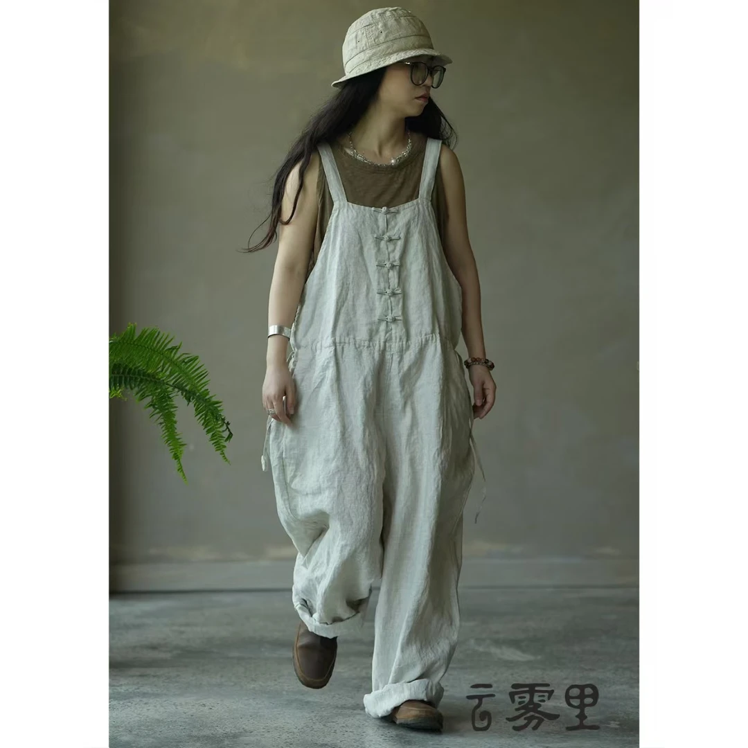 素朴布衣 云雾里5163-1复古文艺松弛感恣意宽松自由纯亚麻背带裤