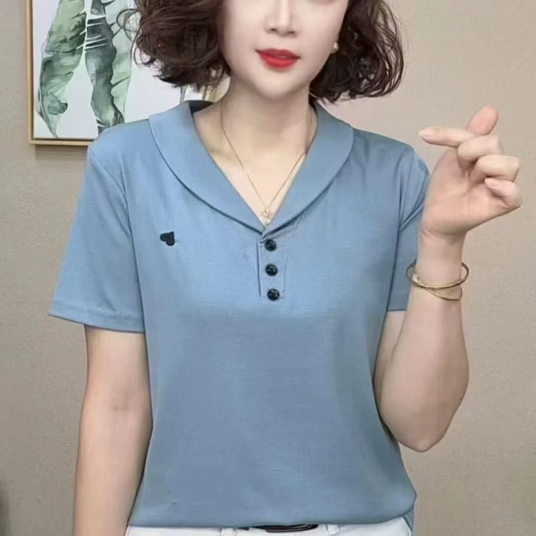2025夏季时尚百搭减龄纯色翻领短袖T恤女中年宽松显瘦洋气上衣潮