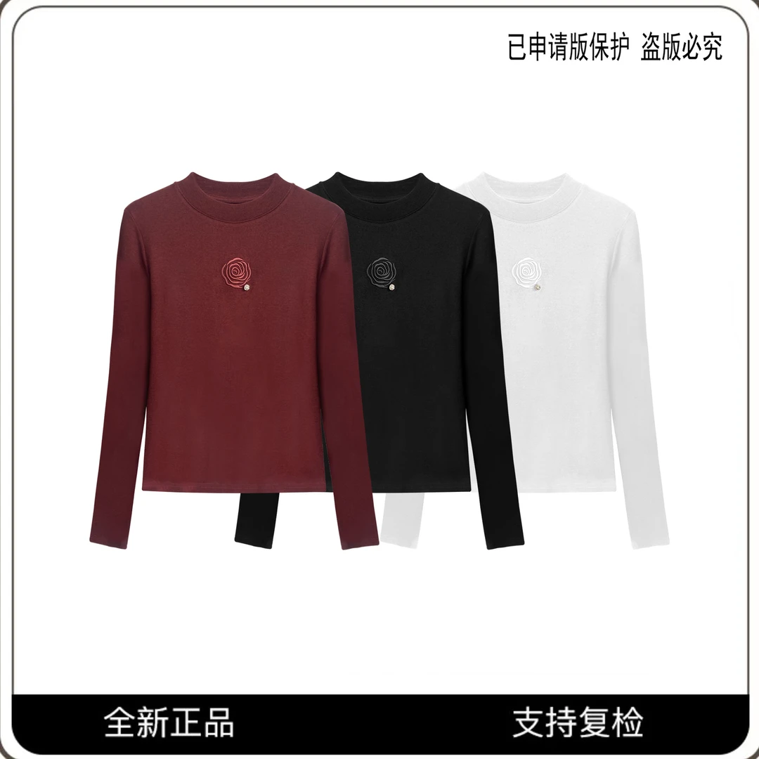 63830#CSIN轻奢时尚T恤2024秋季显瘦山茶花百搭上衣