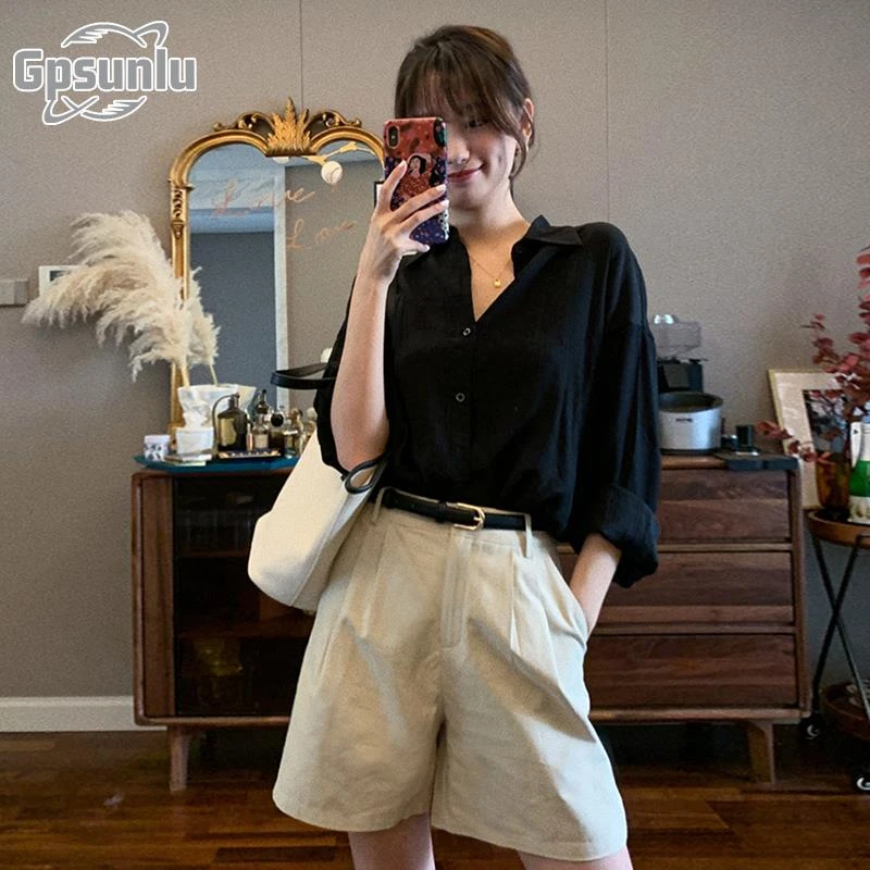 gpsunlu卡其色休闲短裤女夏季宽松阔腿工装裤小个子五分裤高级感