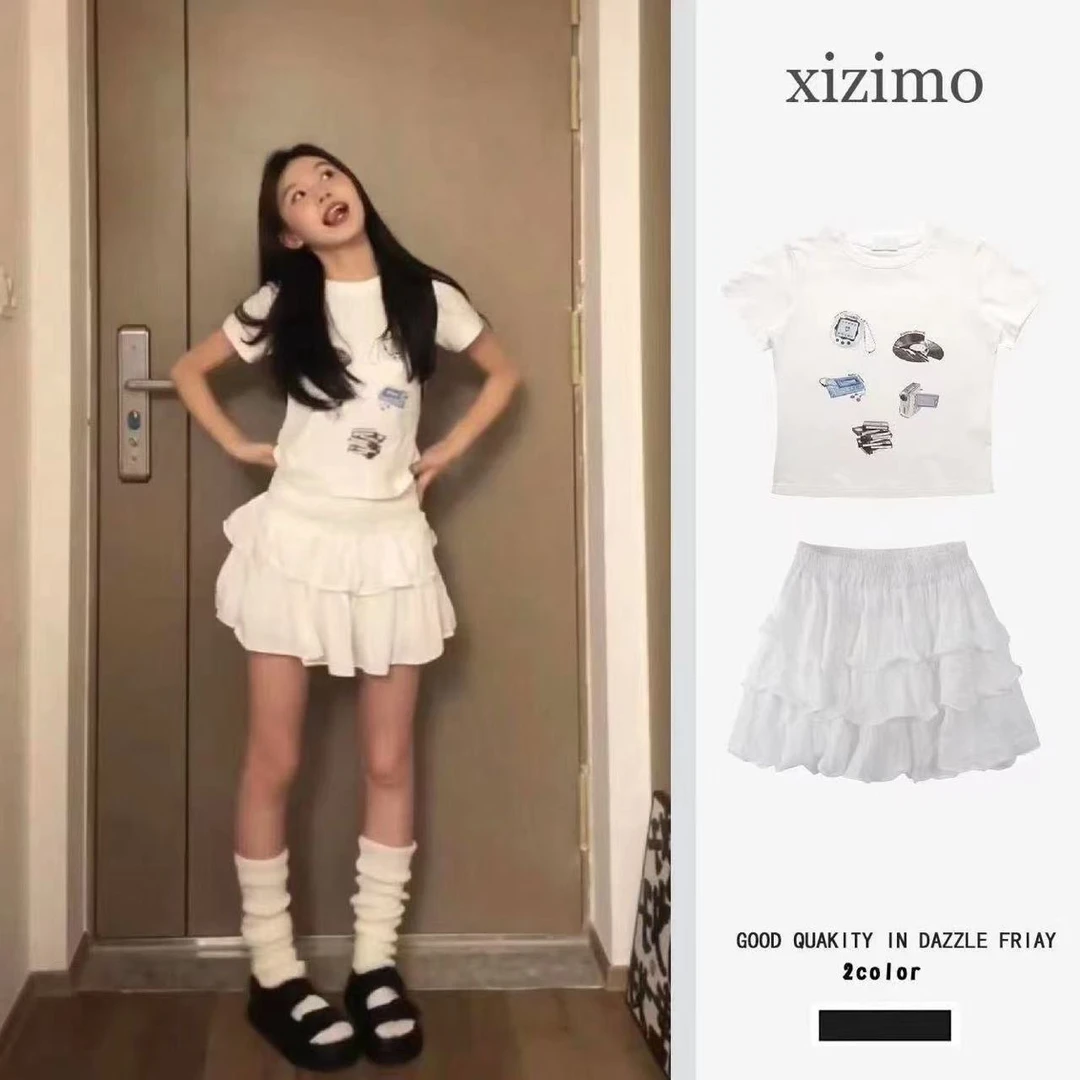 新款2024爆款学院套装女百搭休闲美式T恤蛋糕裙小个子阴阳师联名