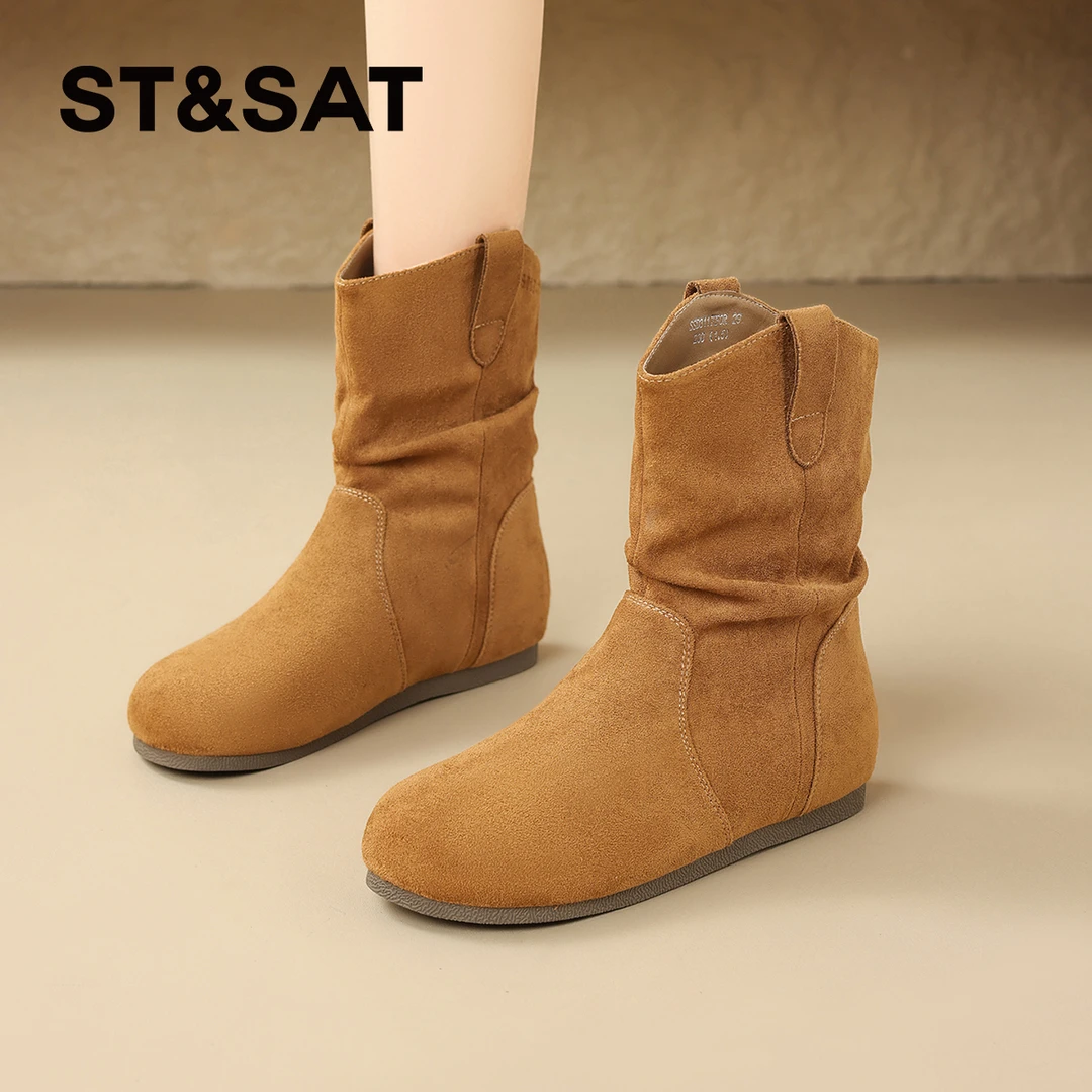 星期六驼色女靴2025秋季经典高级时尚靴中筒雪地靴拼接绒面瘦瘦靴