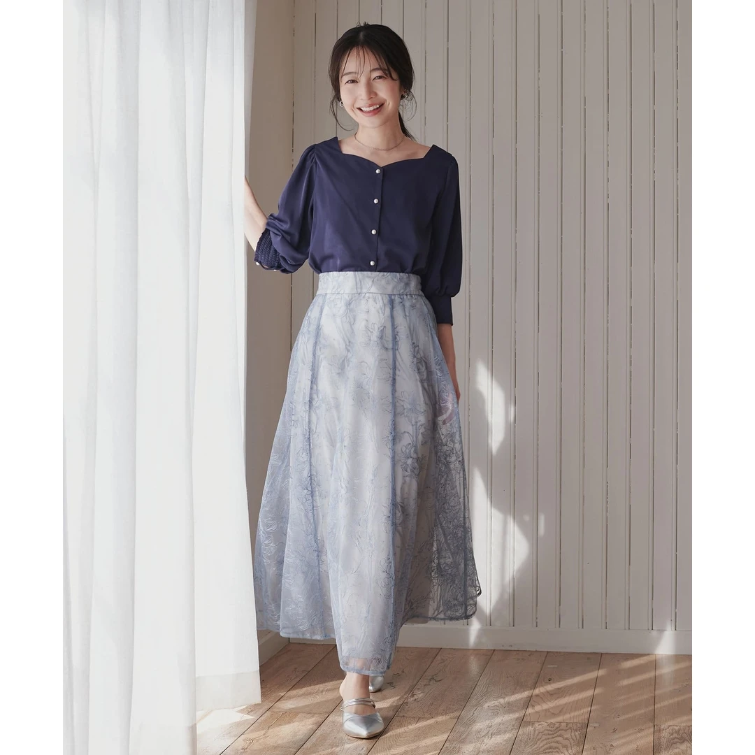 【表姐家】春季新款 N 慵懒风小众时尚洋气重工刺绣薄纱喇叭半身裙