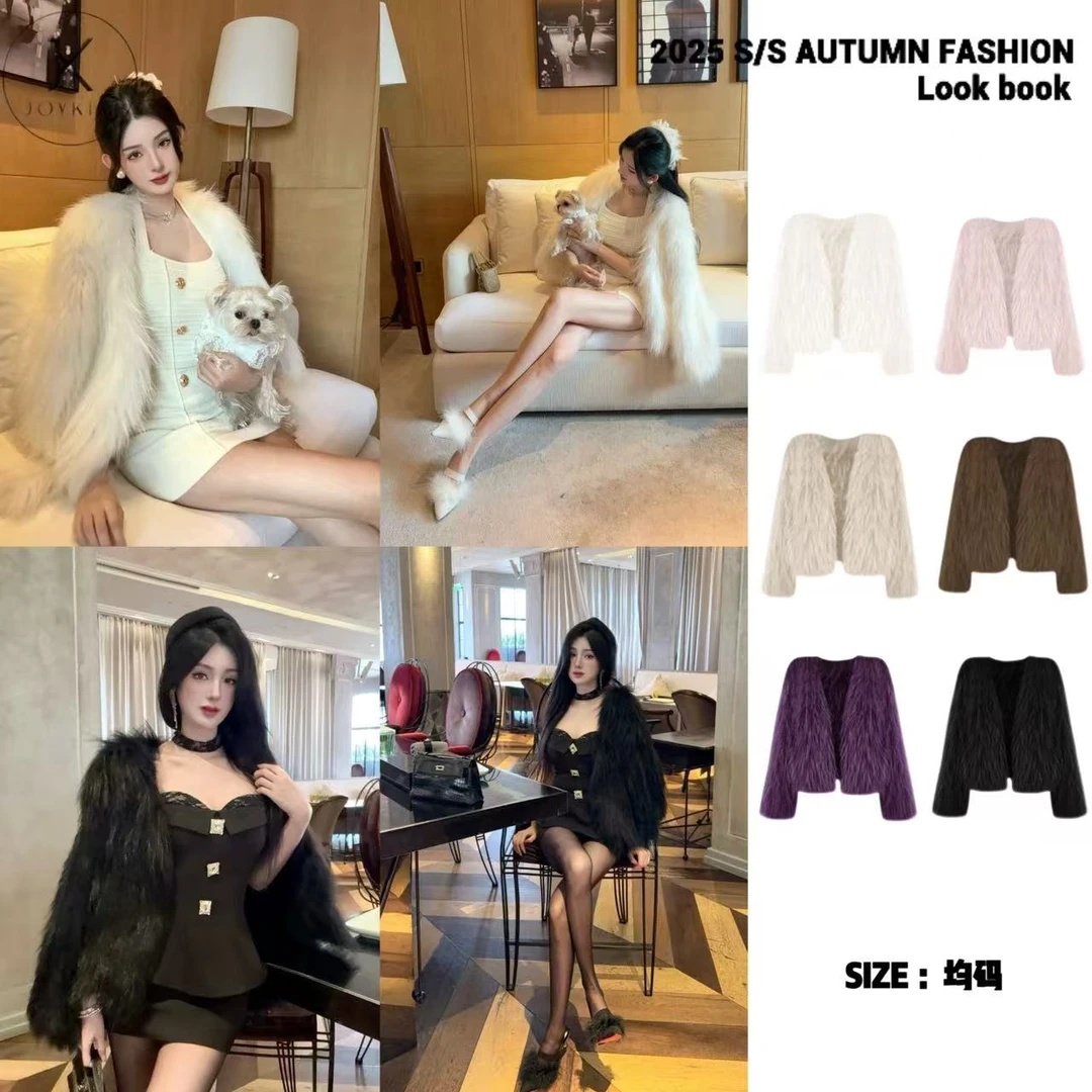 JOY KIKI金金【雪国少女】轻奢（貉子毛）双面编织草草外套 J24D390