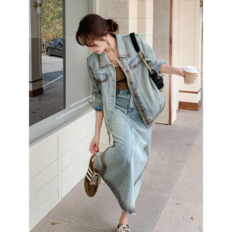 牛仔外套半身裙一整套穿搭套装女2025秋复绑带蝴少女椰子短裙