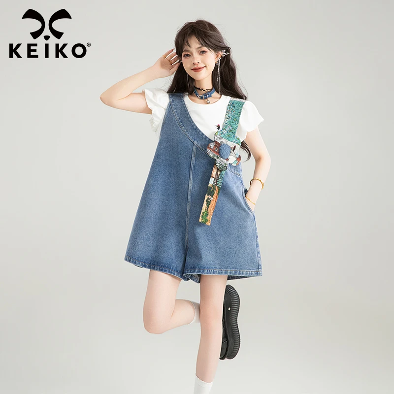KEIKO 不对称设计提花拼接牛仔背带裤女夏季元气少女风阔腿短裤