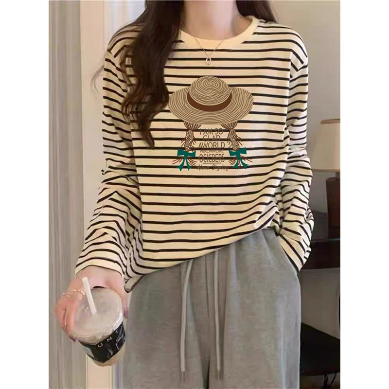 圆领条纹长袖拼色t恤女2025春秋冬季宽松休闲时尚百搭打底衫上衣