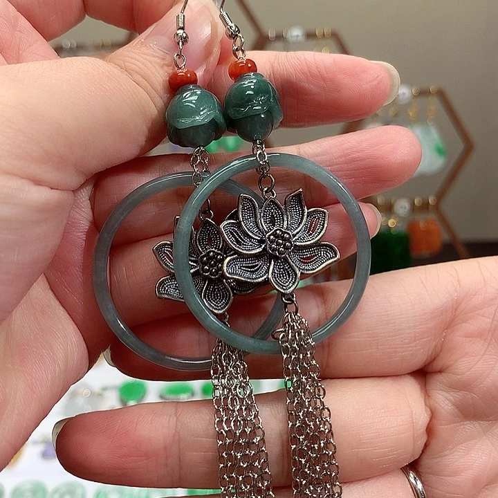 银S925镶嵌翡翠耳饰天然