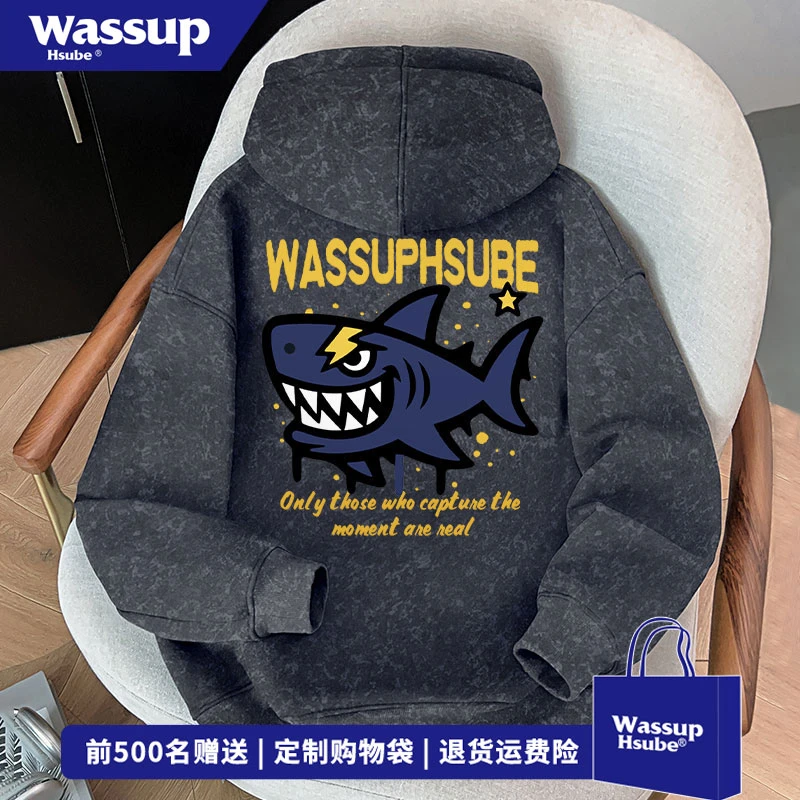 WASSUP HSUBE 高街风鲨鱼印花扎染上衣秋冬季痞帅百搭连帽卫衣男