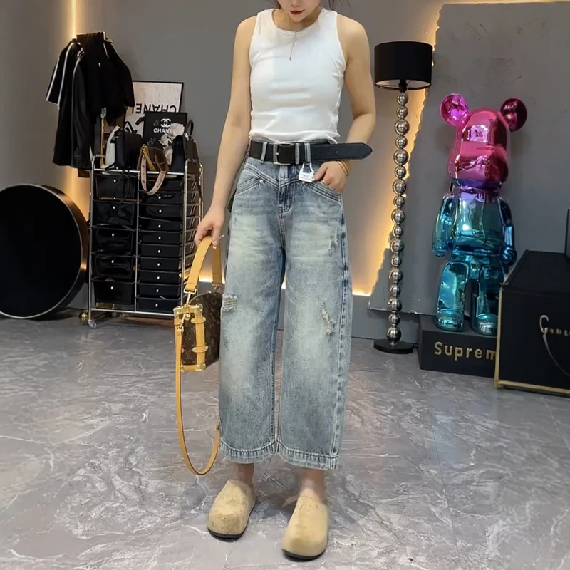 2025年秋季新款高腰破洞阔腿牛仔裤女大码女装显瘦直筒九分奶奶裤