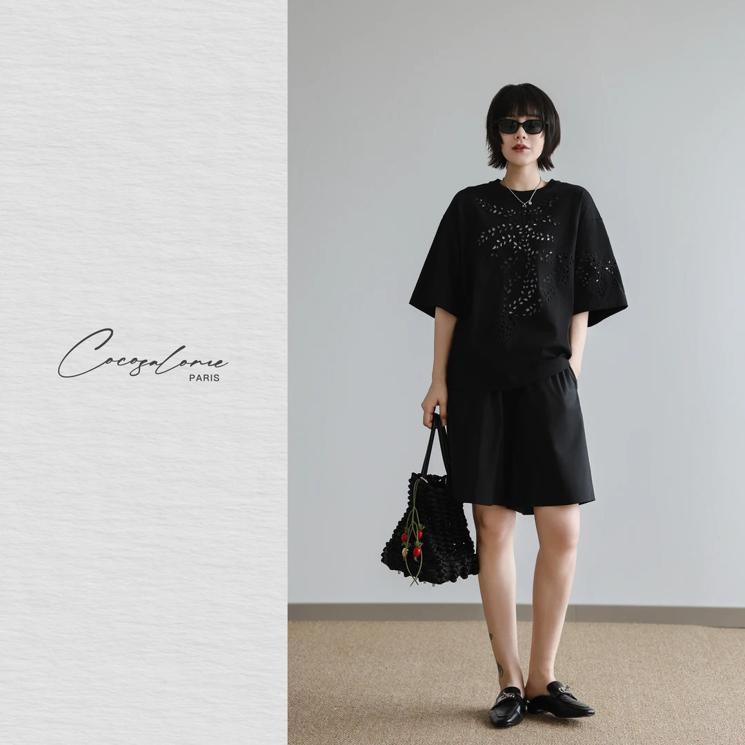 韩彬彬"尤加利叶"100棉恋夏风3D激光镂空刺绣时髦短袖T恤1800-2