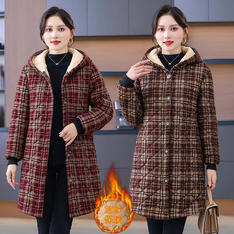 妈妈装冬季加绒加厚格子棉衣外套中老年女中长款棉服保暖连帽棉袄
