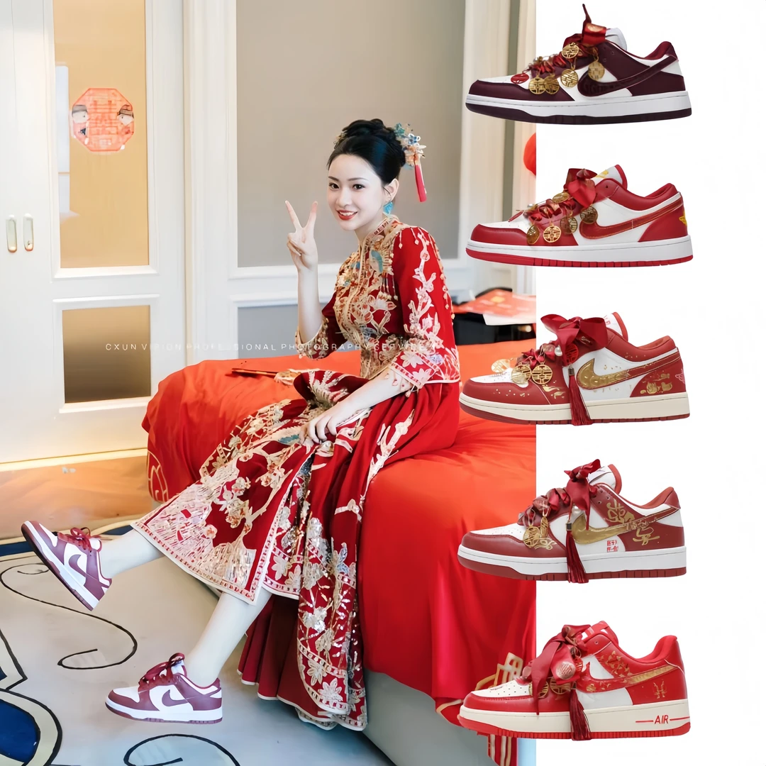 【万达撤柜】红色aj婚鞋新娘鞋女禾秀婚纱两穿平底结婚婚鞋运动鞋