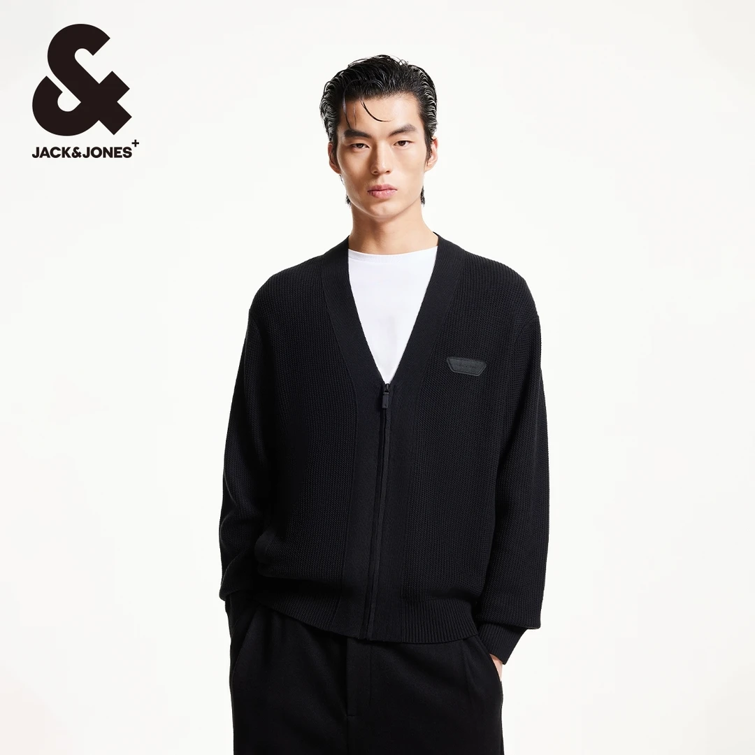 杰克琼斯男装秋冬款男士毛衣针织衫百搭潮流贴布罗纹宽松V领开衫