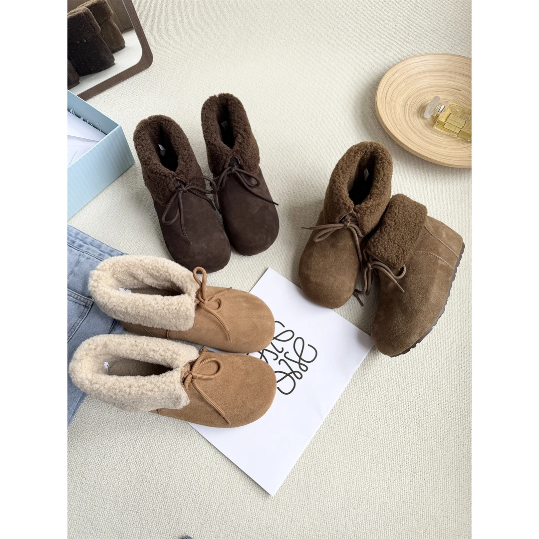 两穿勃肯短靴女秋冬加绒2025新款坡跟内增高软羔毛翻领软皮雪地靴