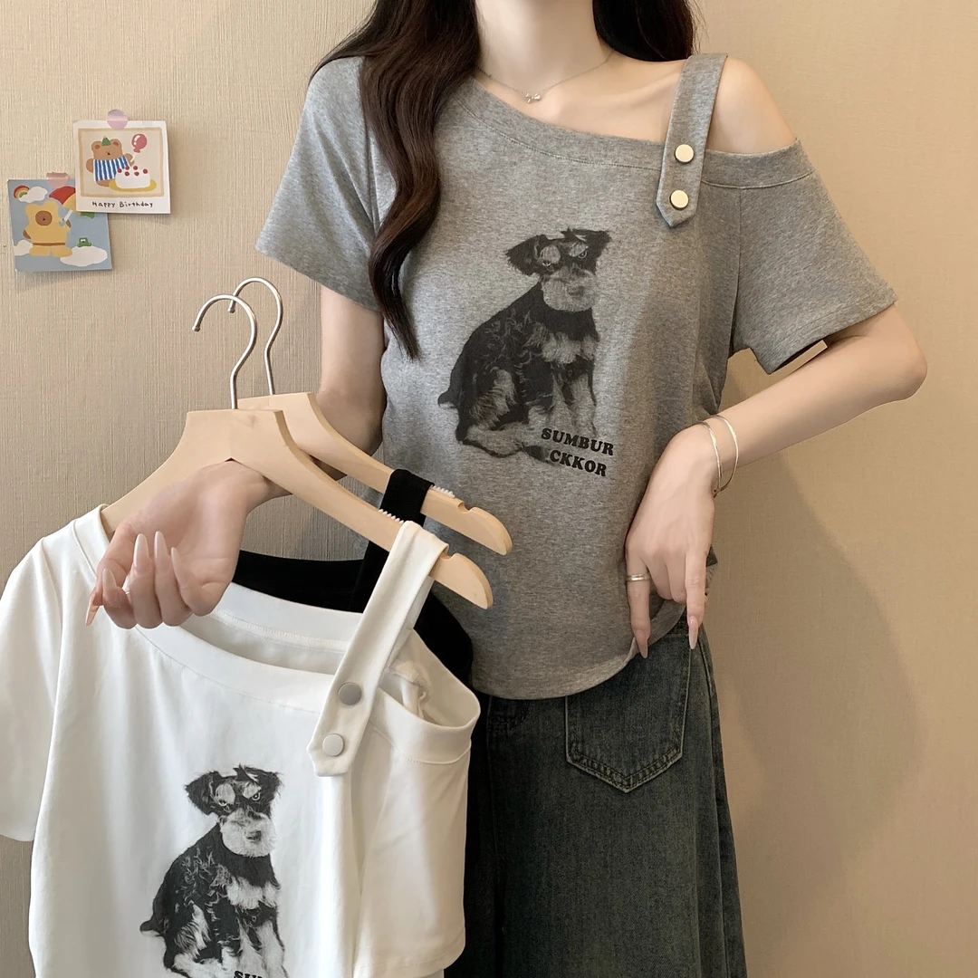 【wy】2025年大码女装新款设计感露肩狗狗印花短袖T恤上衣3291