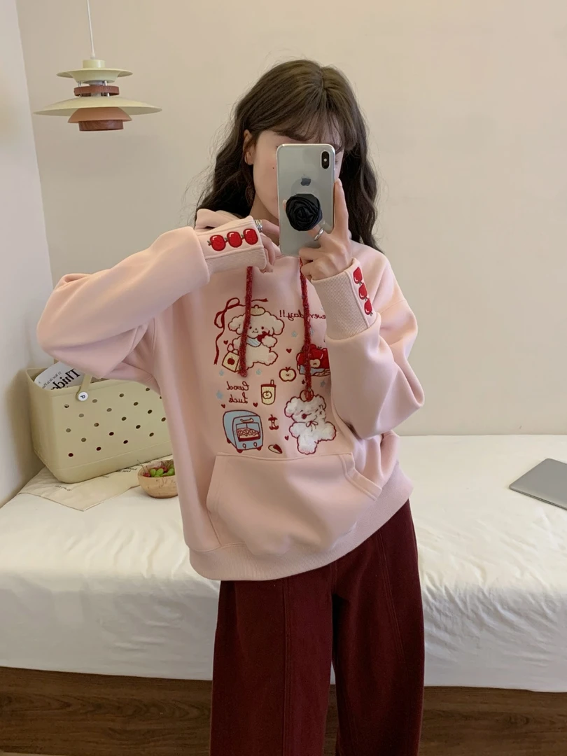 冬款加绒苹果小狗 长袖时尚百搭宽松减龄卡通慵懒风连帽j加绒卫衣