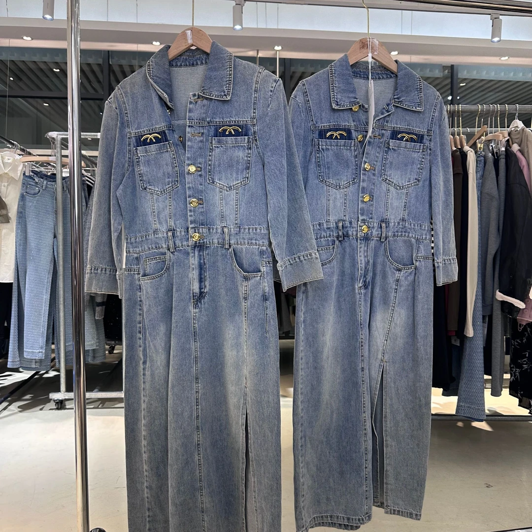 A3566时尚法式金属纽扣中长款牛仔衬衫连衣裙夏季新款