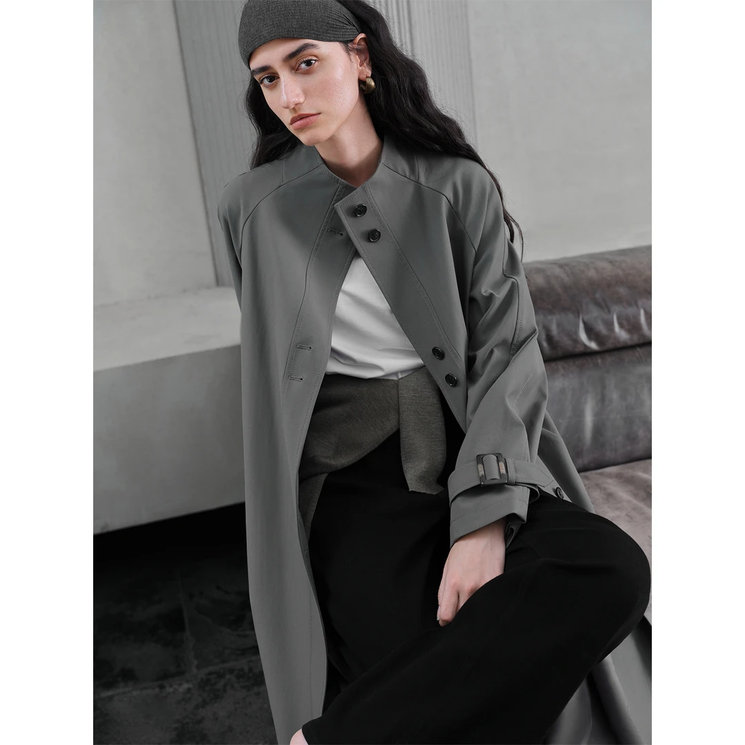 自巧【巧裁系列】小个子女装通勤立领长款风衣外套上衣25ZQ93052